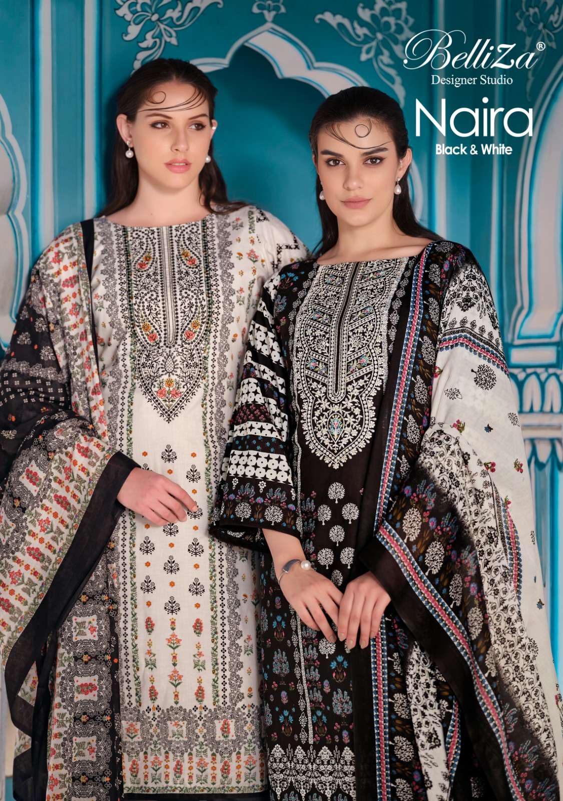 belliza designer studio naira black and white cotton catchy look salwar suit catalog