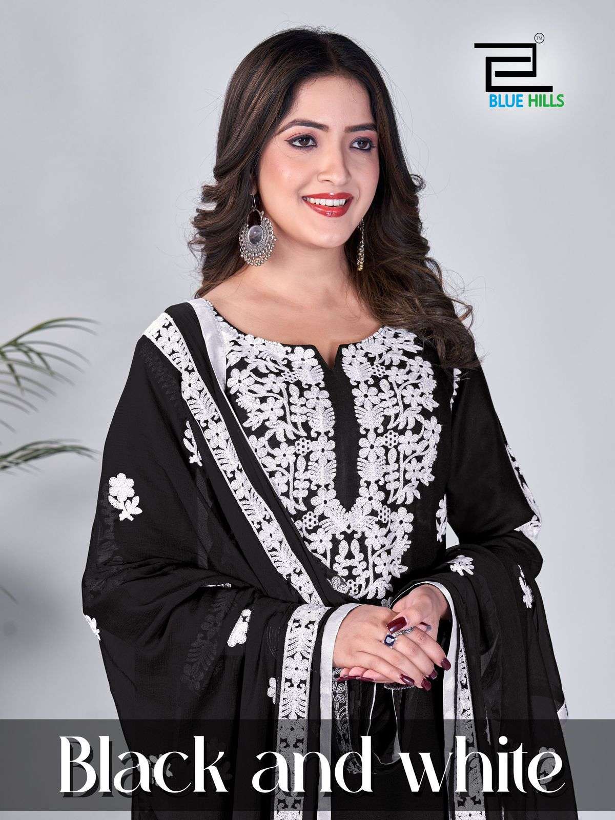 bluehills black and white rayon attrective look kurti pant dupatta catalog