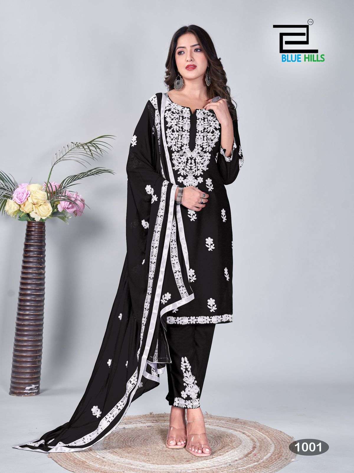 bluehills black and white rayon attrective look kurti pant dupatta catalog