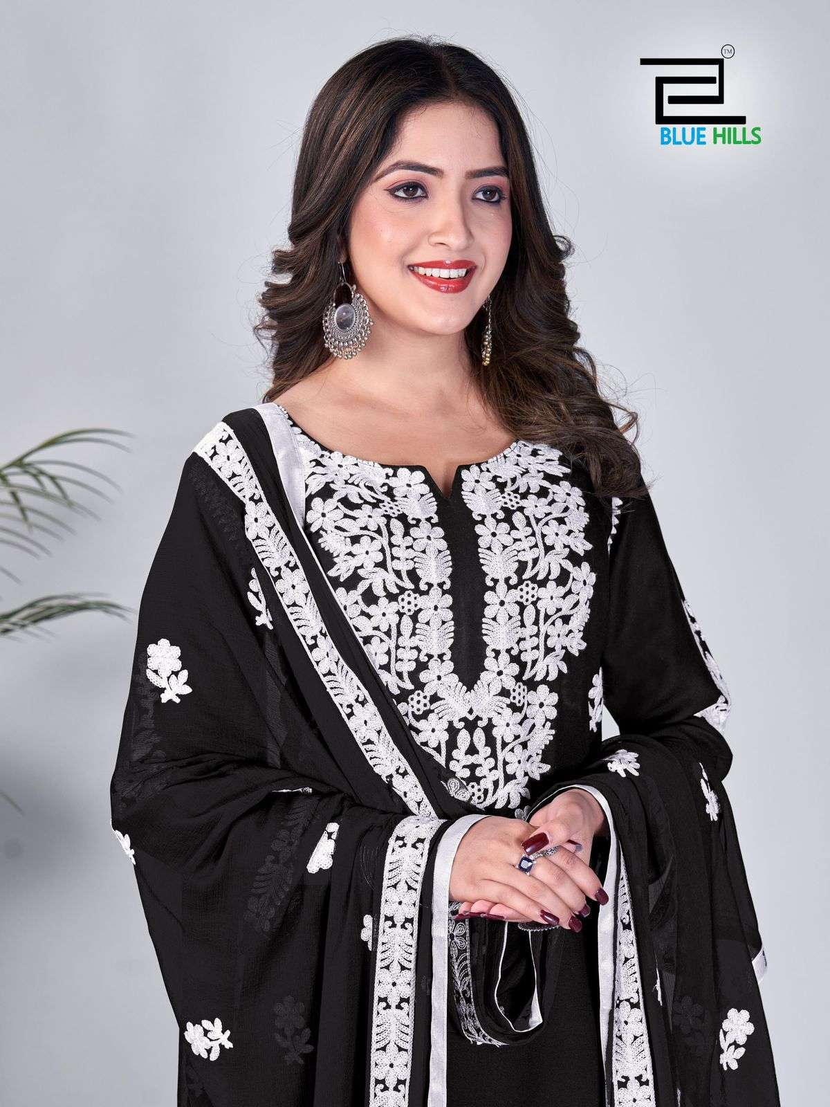 bluehills black and white rayon attrective look kurti pant dupatta catalog