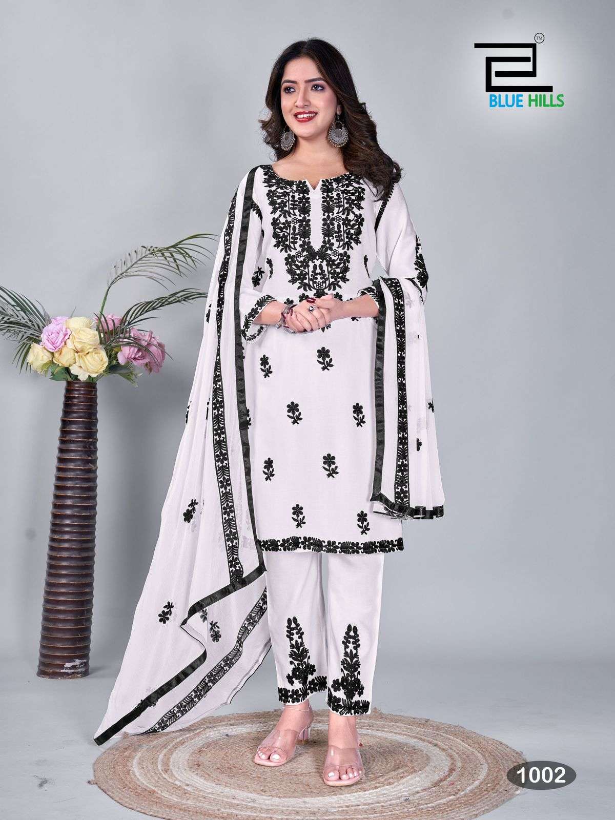 bluehills black and white rayon attrective look kurti pant dupatta catalog