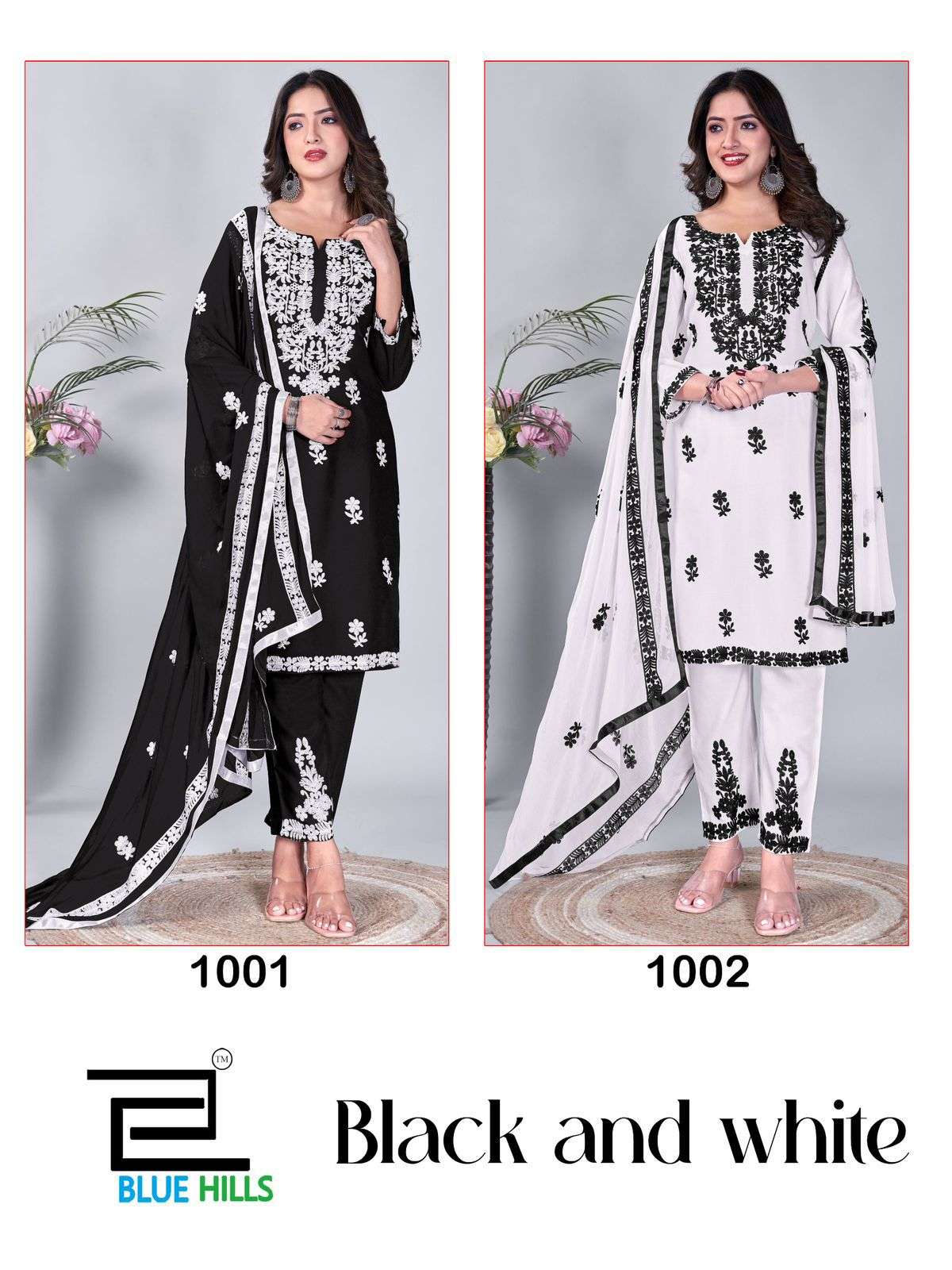 bluehills black and white rayon attrective look kurti pant dupatta catalog