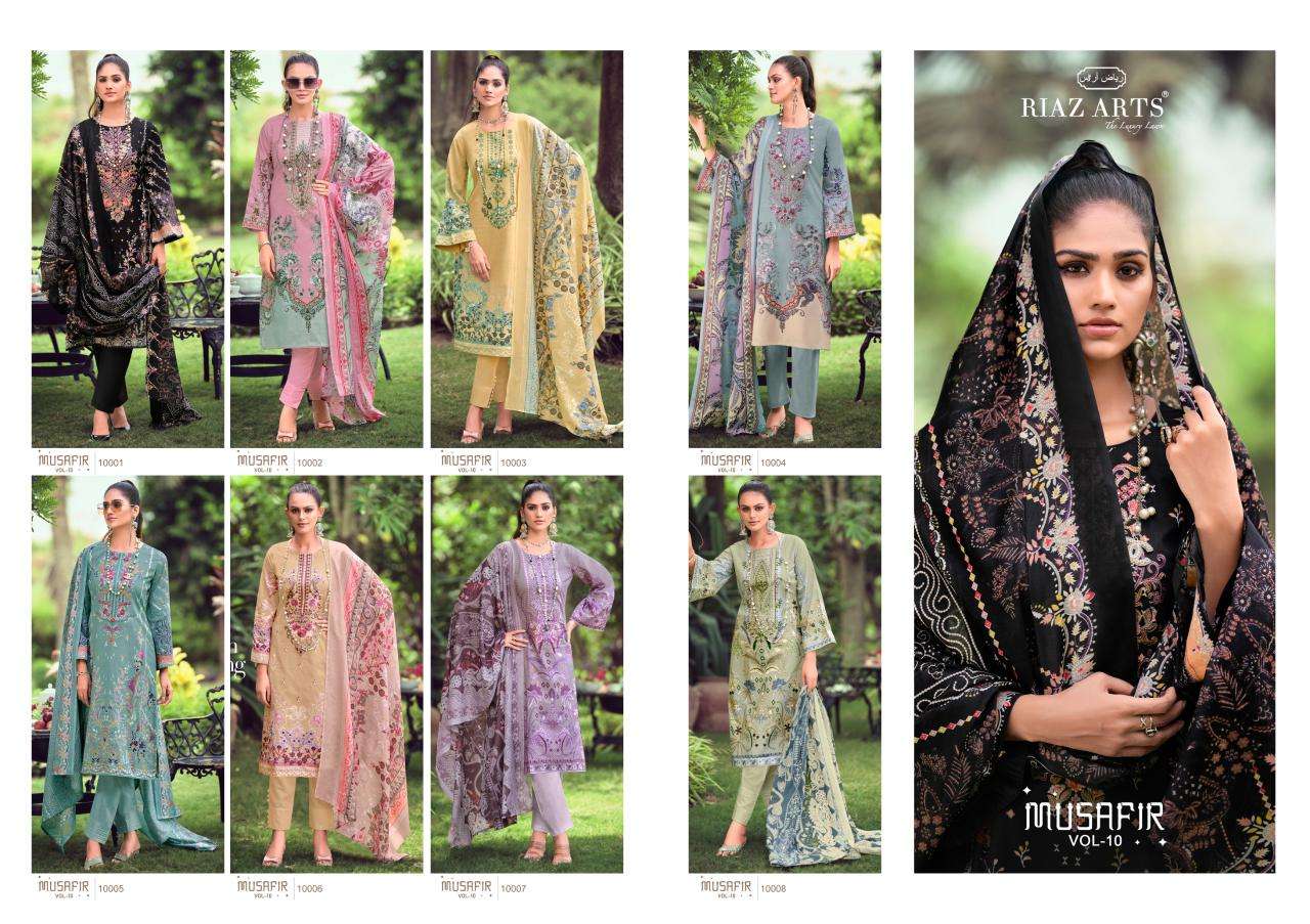 riaz arts musafir v 10 karachi lawn cotton exclusive print salwar suit catalog