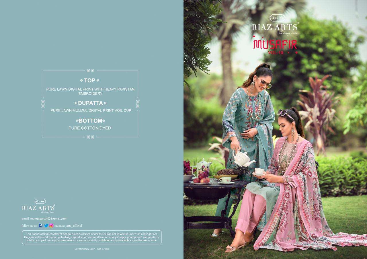 riaz arts musafir v 10 karachi lawn cotton exclusive print salwar suit catalog