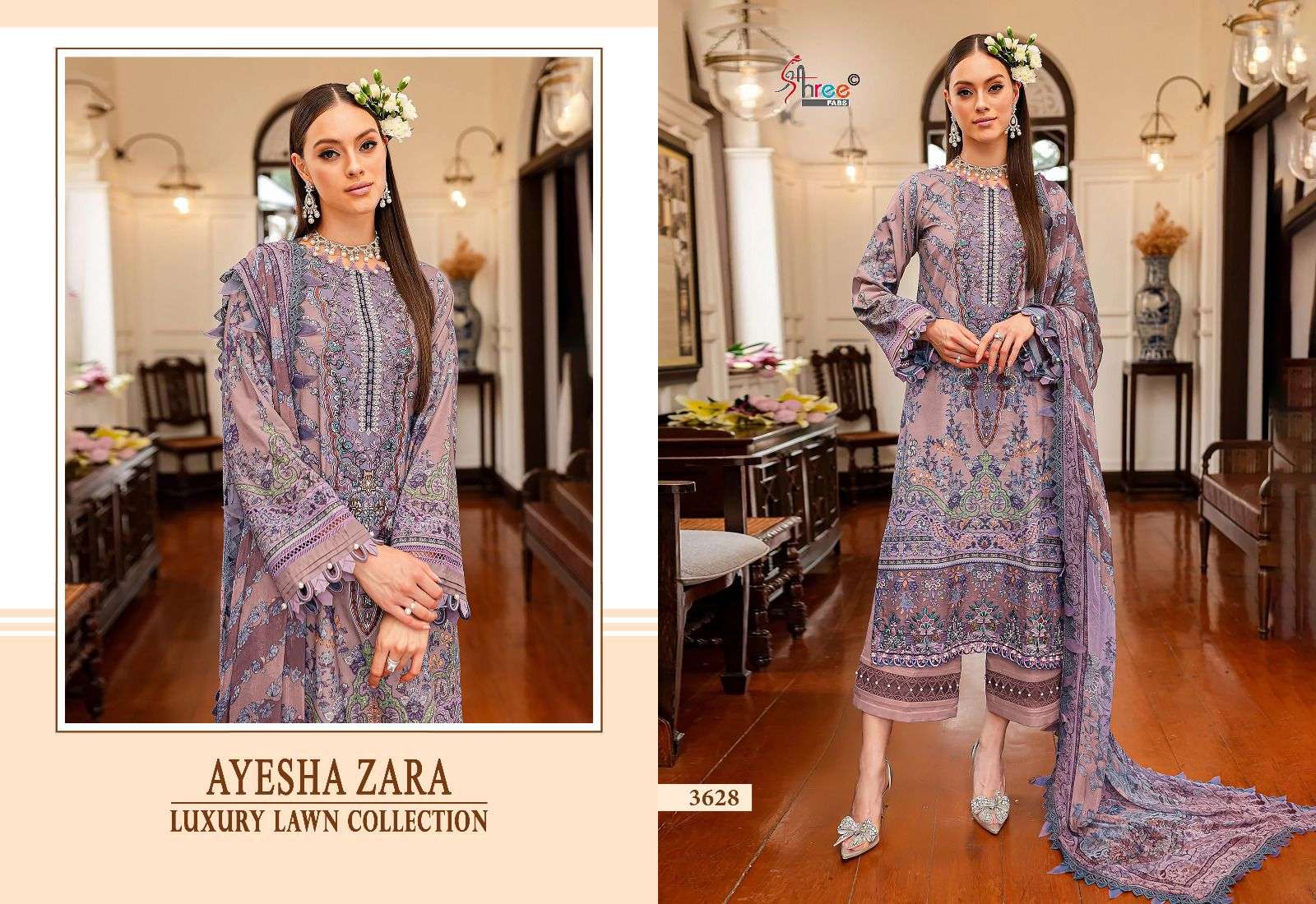 shree fabs ayesha zara luxury lawn collection cotton regal look salwar suit with siffon dupatta catalog