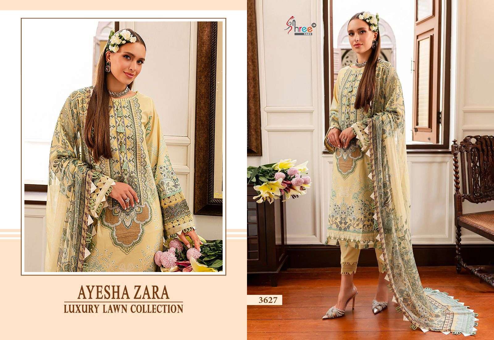 shree fabs ayesha zara luxury lawn collection cotton regal look salwar suit with siffon dupatta catalog