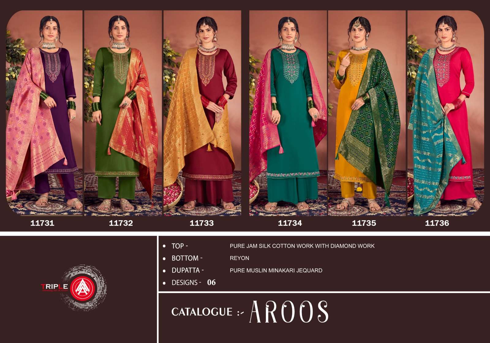 triple aaa aroos jam silk decent look salwar suit catalog