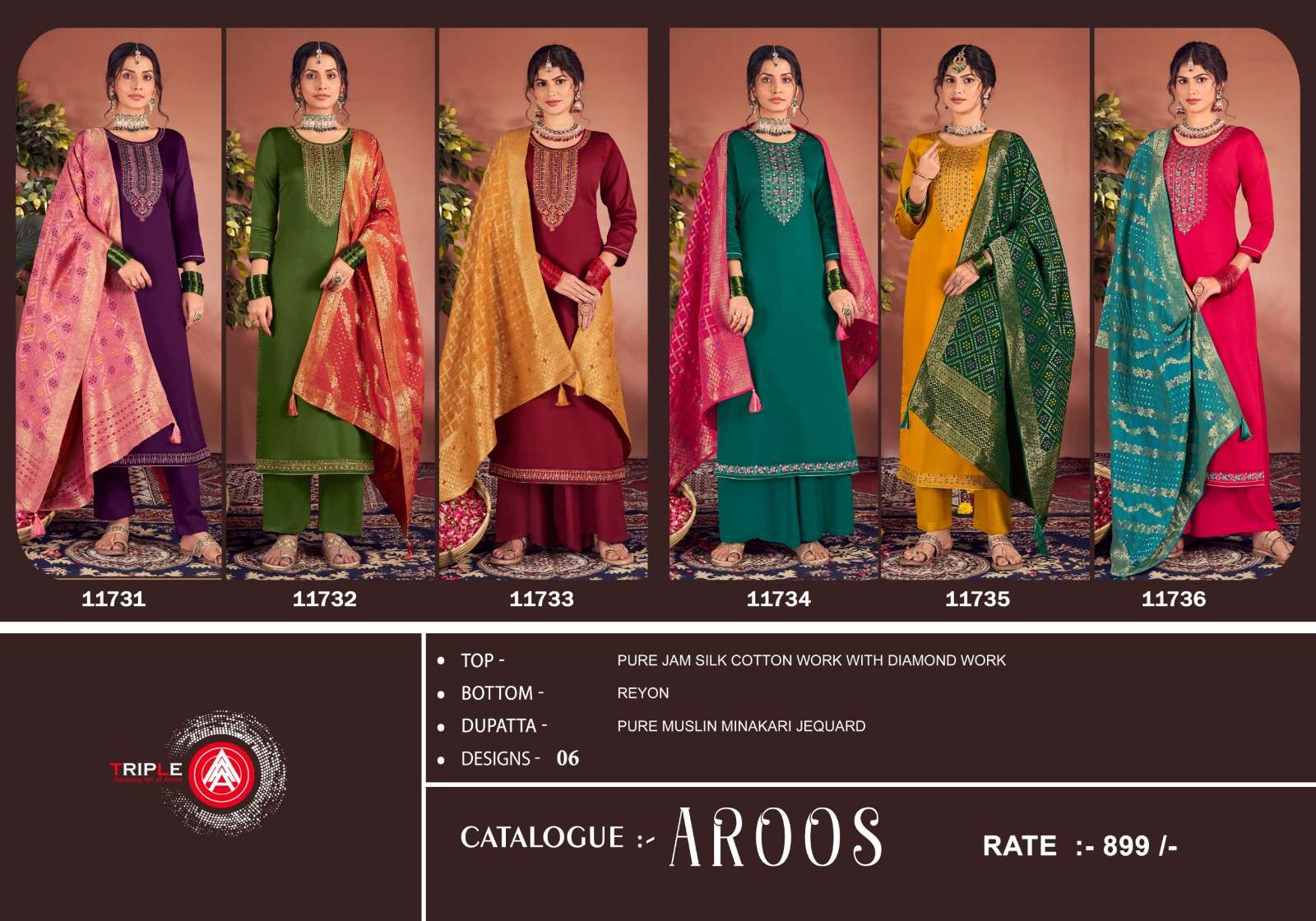 triple aaa aroos jam silk decent look salwar suit catalog