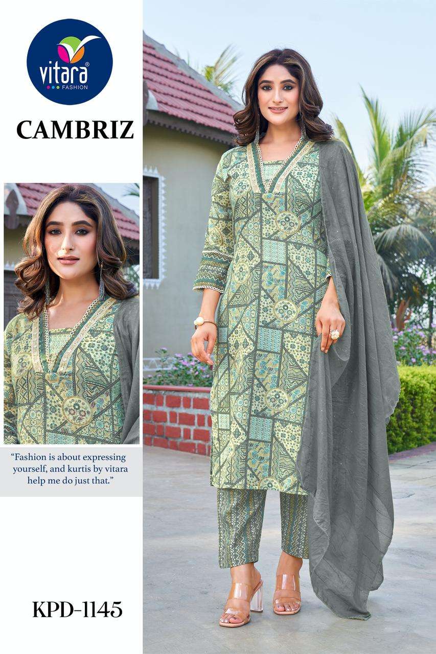 vitara fashion cambriz cotton slub ecxlusive print top bottom with dupatta size set