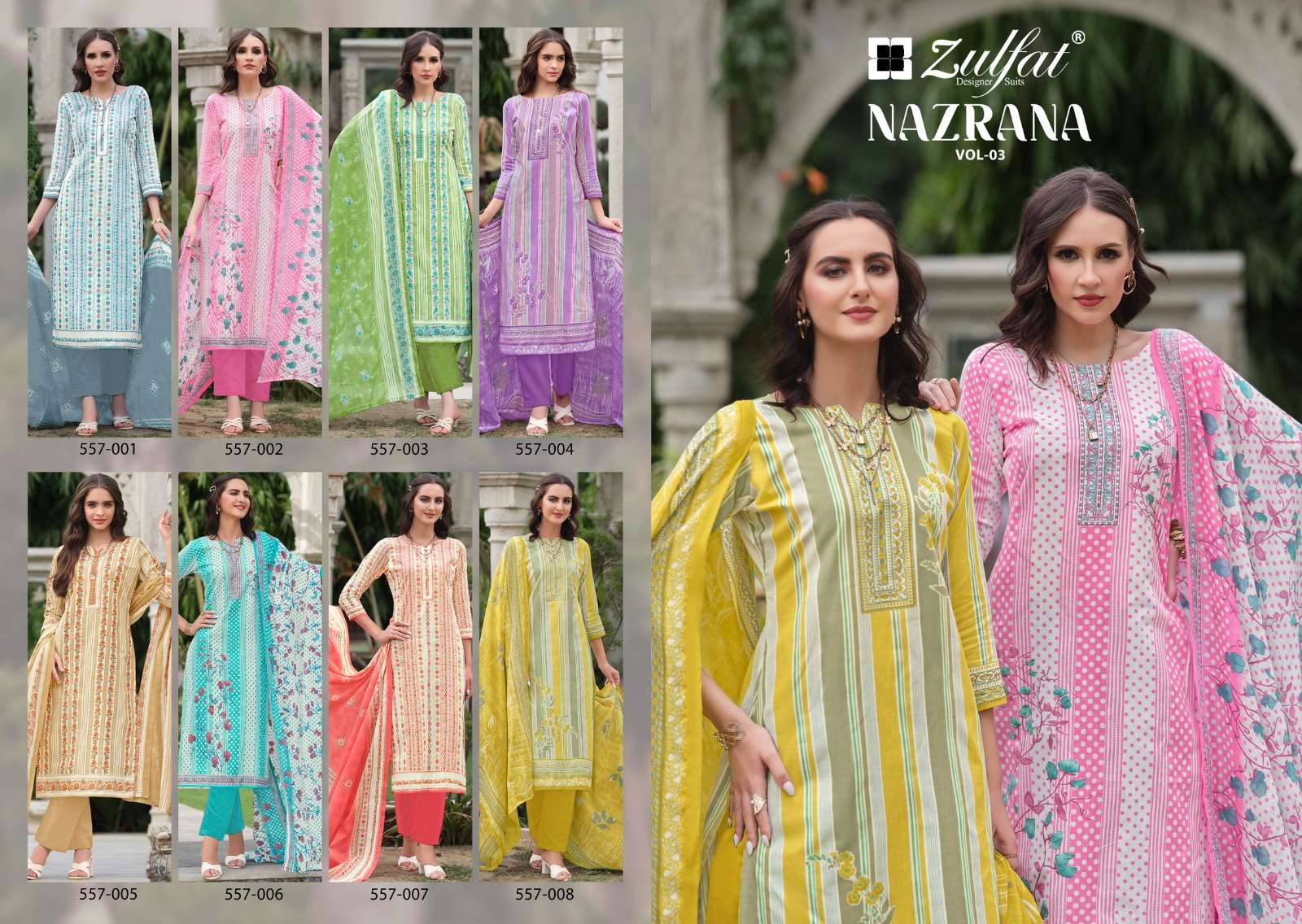 zulfat designer suits nazrana vol 3 cotton exclusive look salwar suit catalog