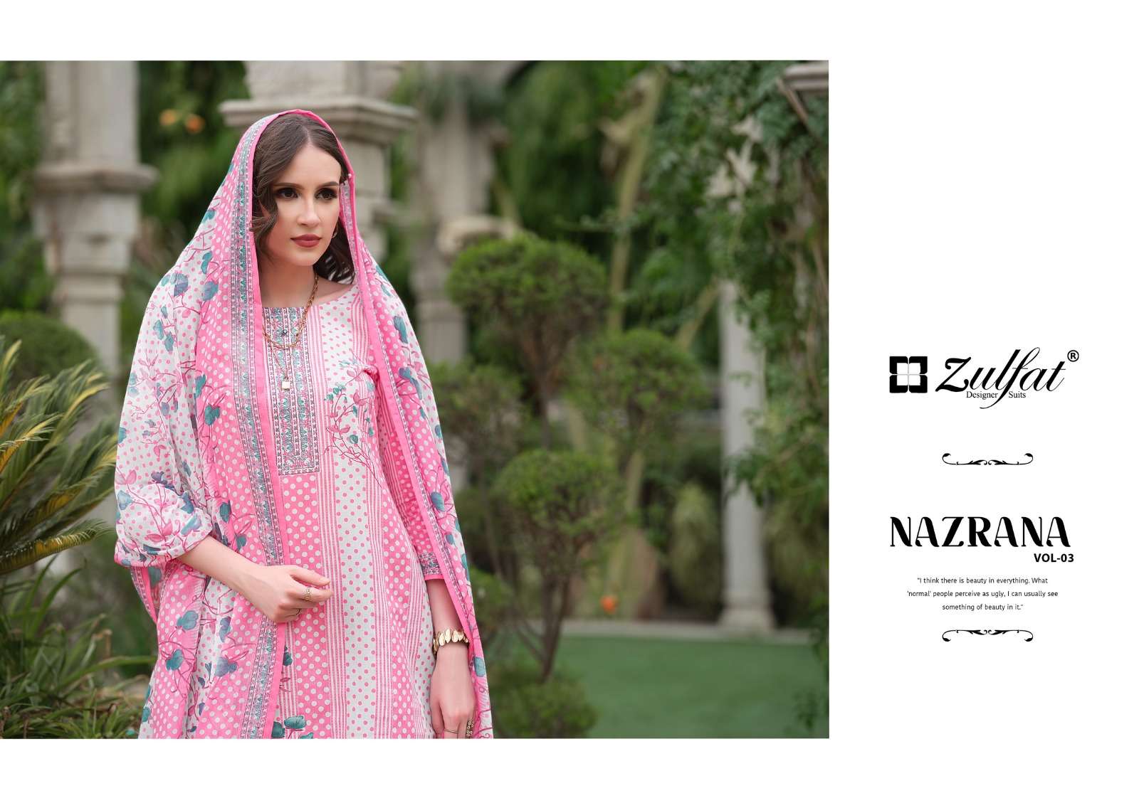 zulfat designer suits nazrana vol 3 cotton exclusive look salwar suit catalog