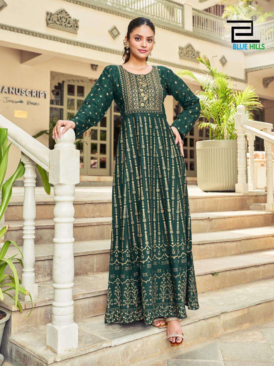 bluehills inaya rayon innovative look : Anarkali Gown With Classic Neck Embroidery Work catalog