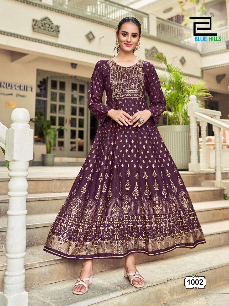 bluehills inaya rayon innovative look : Anarkali Gown With Classic Neck Embroidery Work catalog