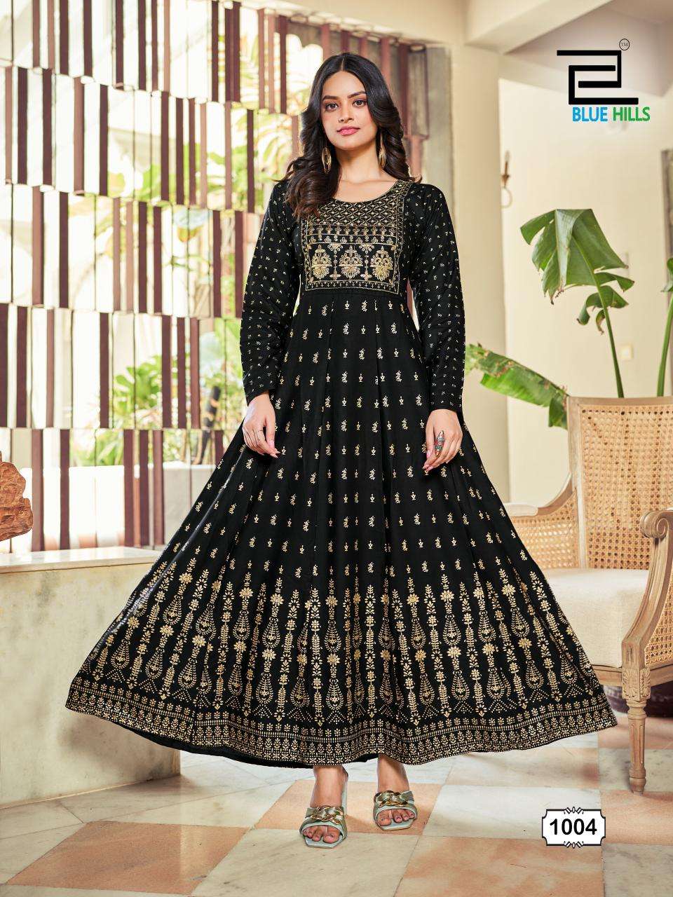 bluehills inaya rayon innovative look : Anarkali Gown With Classic Neck Embroidery Work catalog