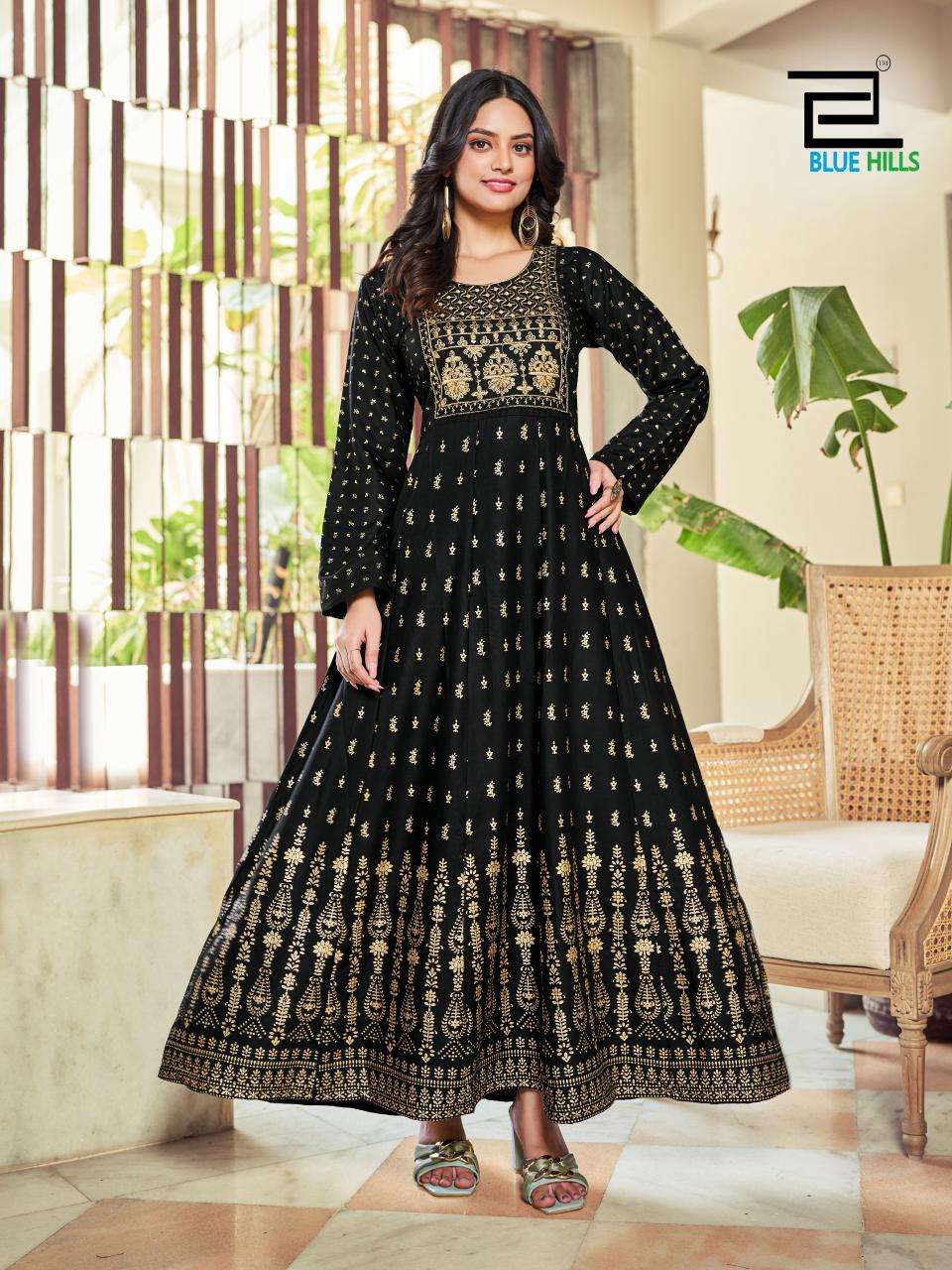 bluehills inaya rayon innovative look : Anarkali Gown With Classic Neck Embroidery Work catalog