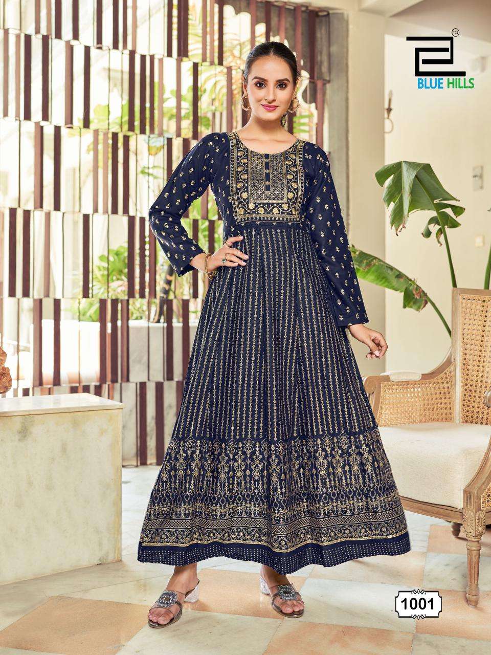 bluehills inaya rayon innovative look : Anarkali Gown With Classic Neck Embroidery Work catalog