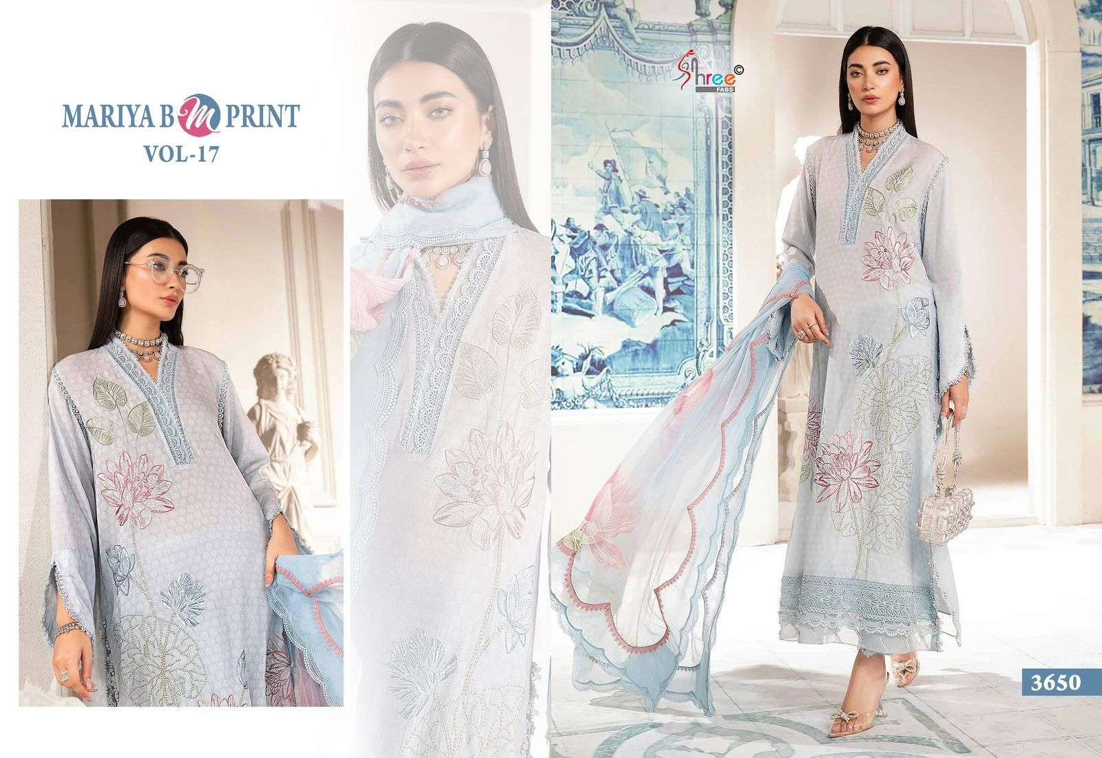 shree fabs Mariya b Mprint vol 17 cotton decent look salwar suit with silver dupatta catalog