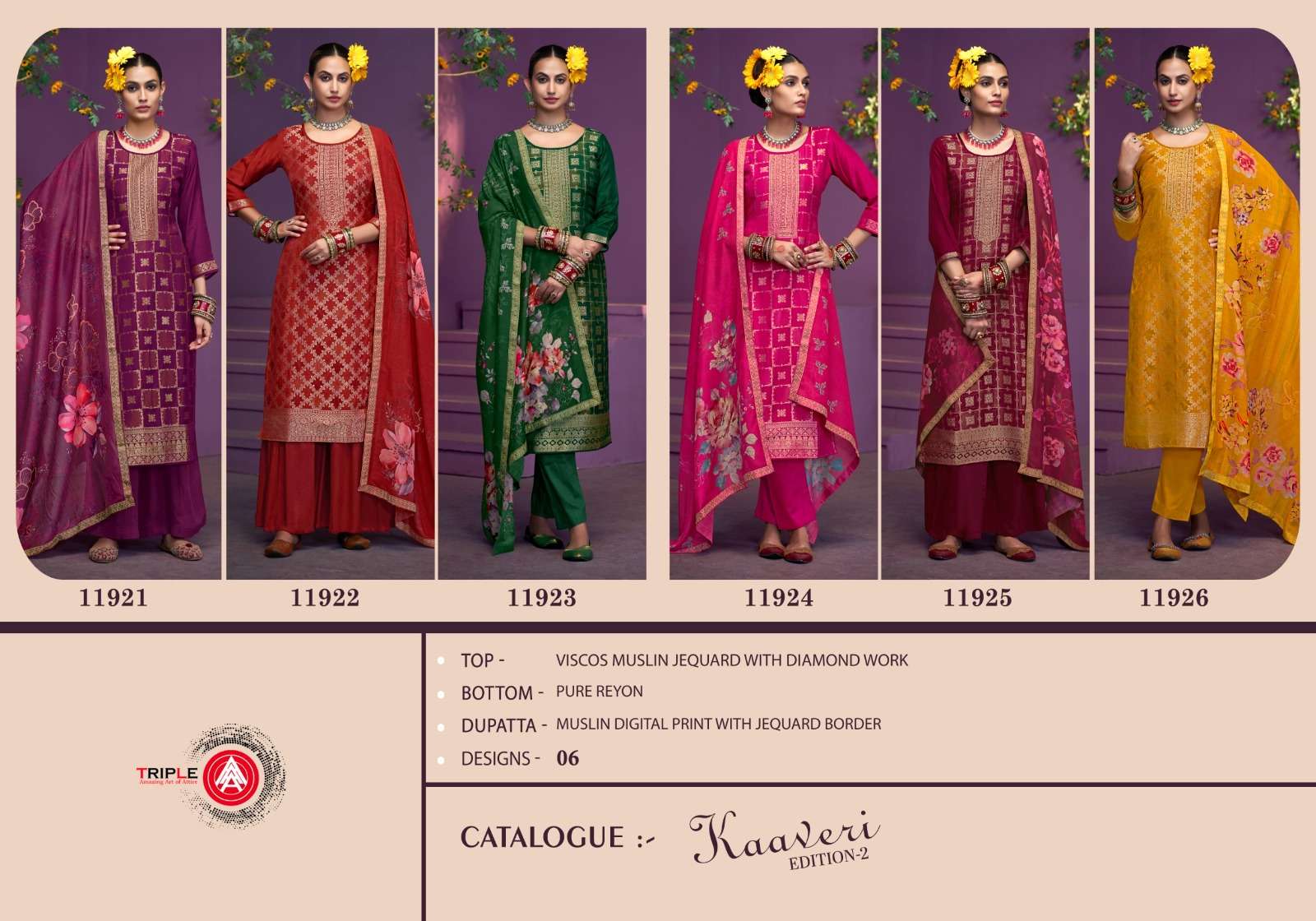 triple aaa kaaveri edition 2 Viscos Muslin Jequard attrective look salwar suit catalog