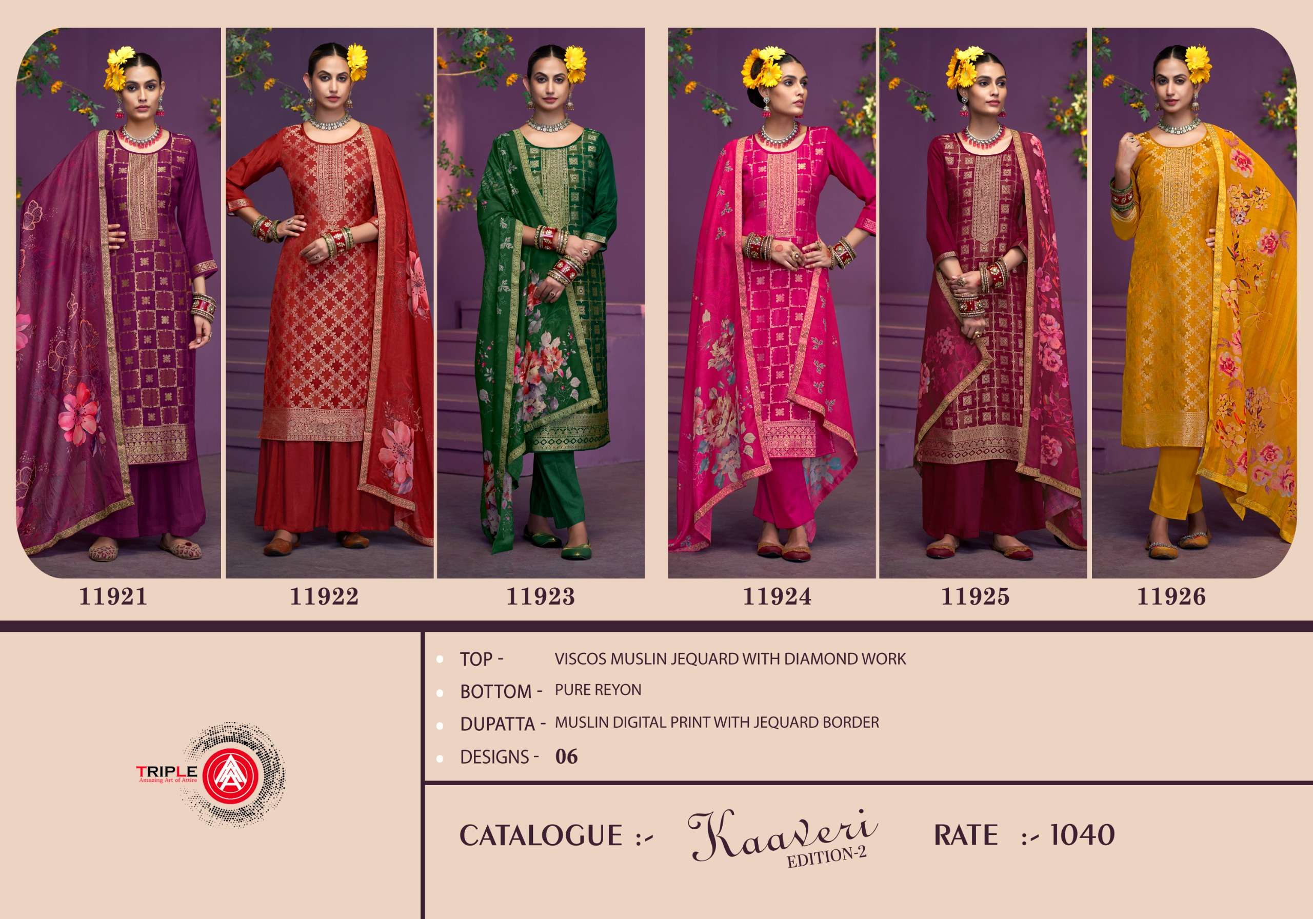 triple aaa kaaveri edition 2 Viscos Muslin Jequard attrective look salwar suit catalog