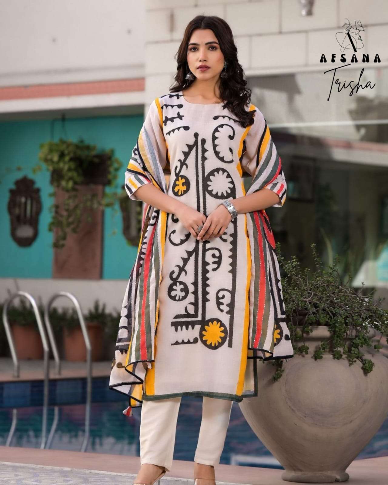 afsana trisha muslin attrective look top pant with dupatta size set