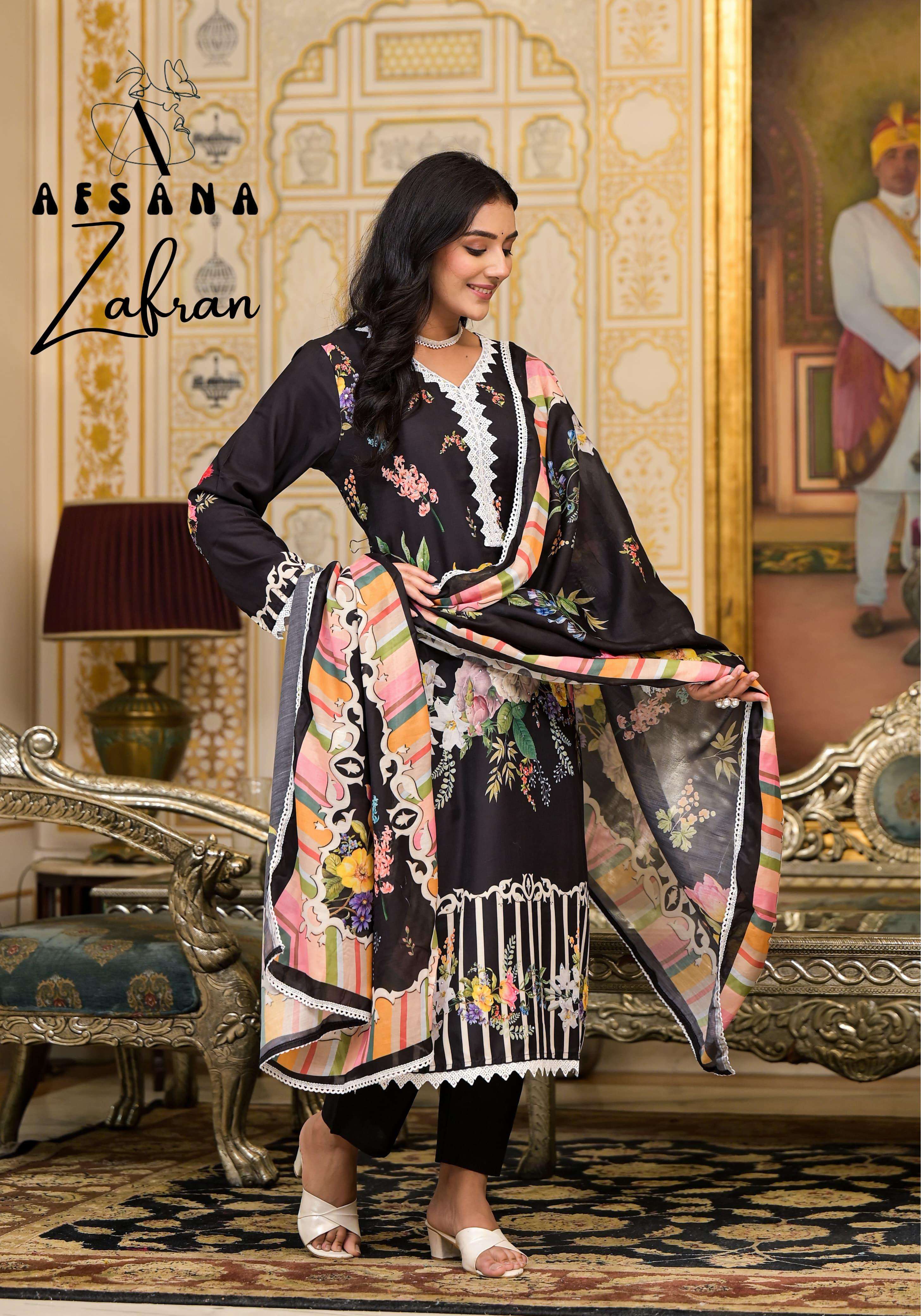 afsana zafran muslin innovative look top bottom with dupatta size set