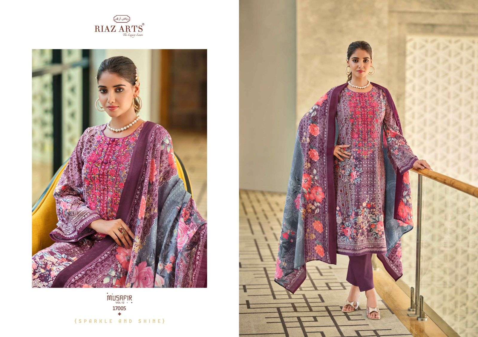 riaz arts musafir v 12  karachi lawn cotton elegant print salwar suit catalog