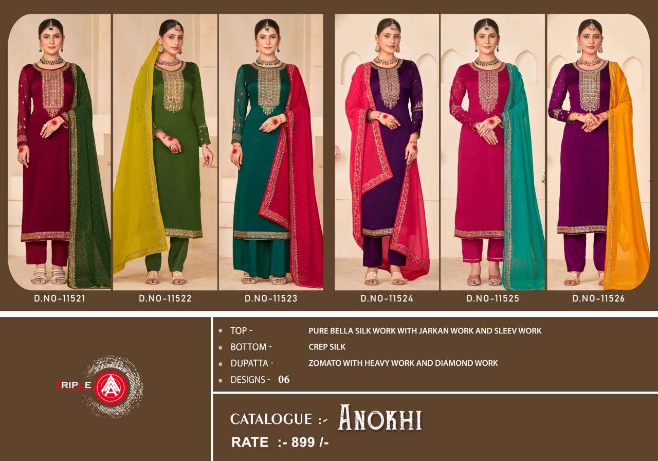 triple aaa anokhi crape silk decent look salwar suit catalog