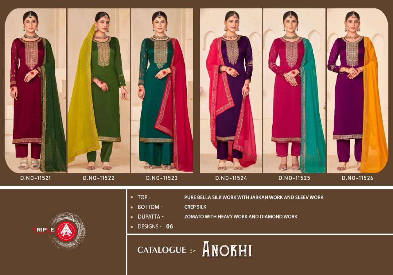 triple aaa anokhi crape silk decent look salwar suit catalog