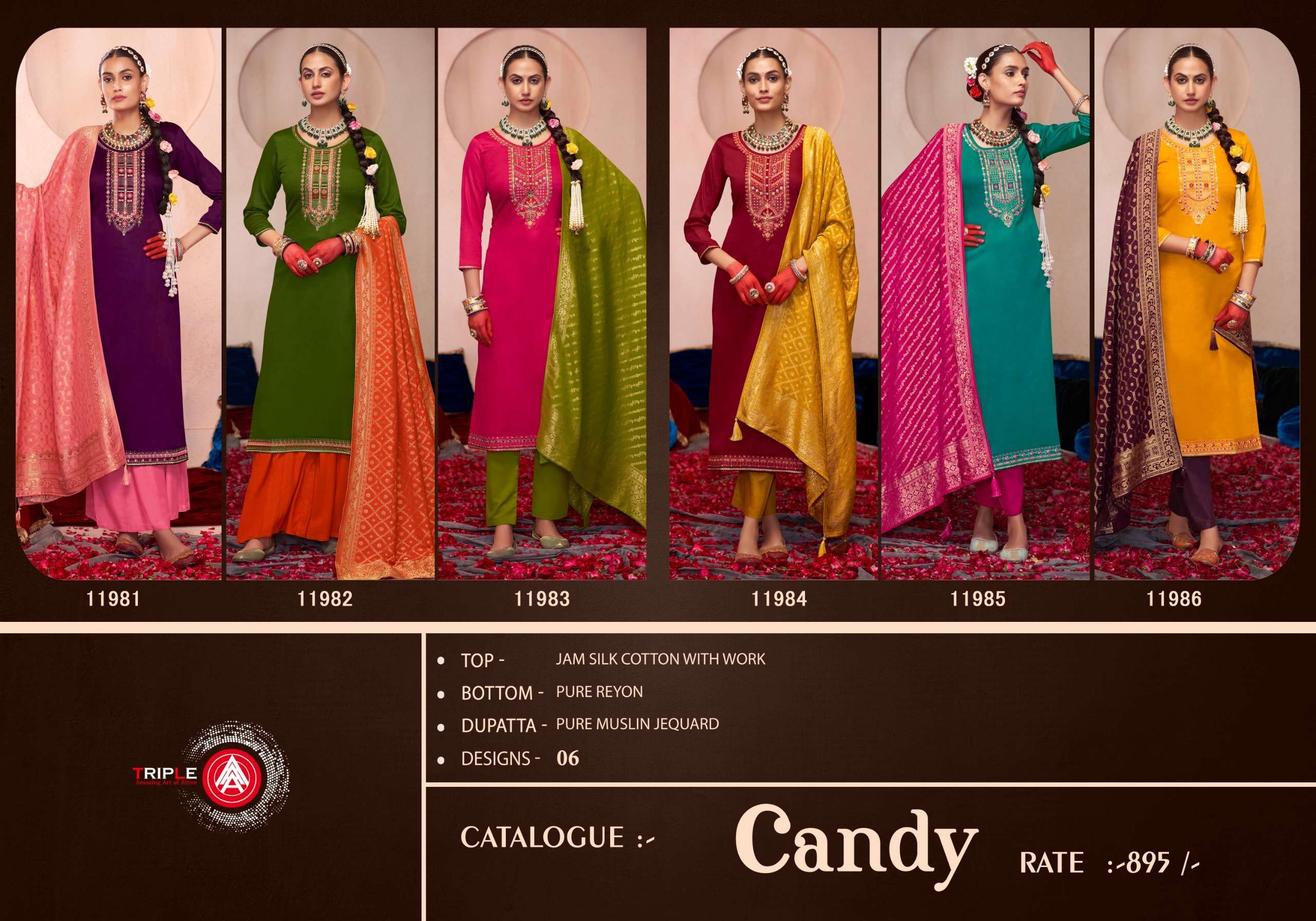 triple aaa candy jam silk cotton elegant look salwar suit catalog