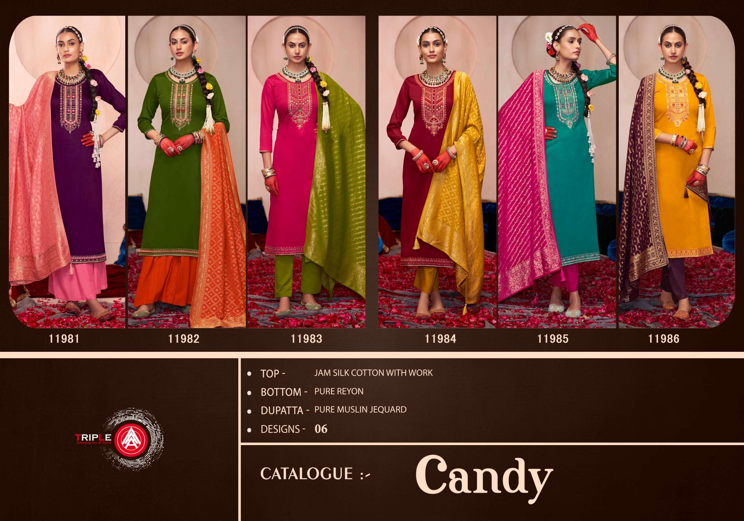 triple aaa candy jam silk cotton elegant look salwar suit catalog