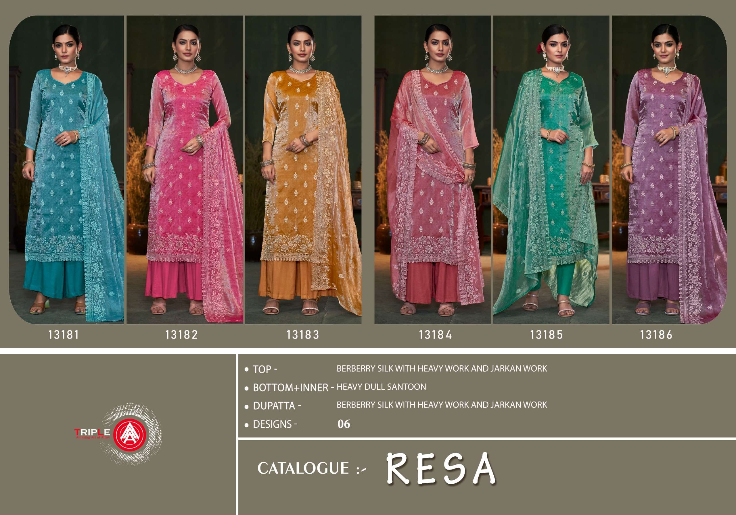 triple aaa resa berberry silk elegant salwar suit catalog