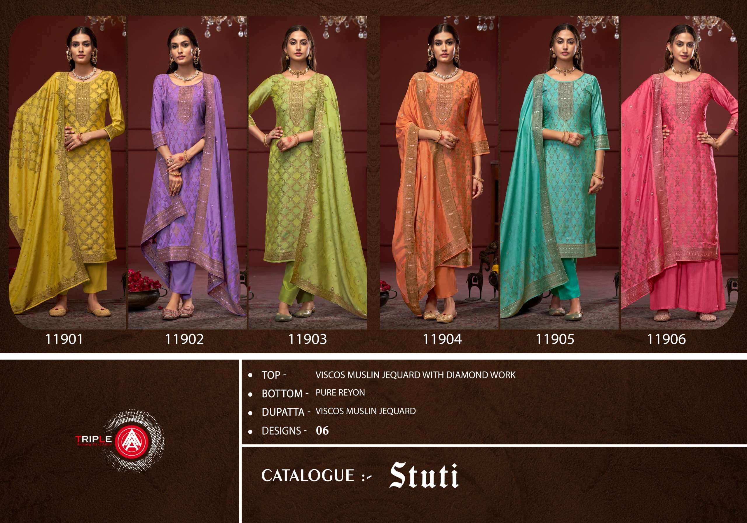 triple aaa stuti viscose muslin attrective look salwar suit catalog