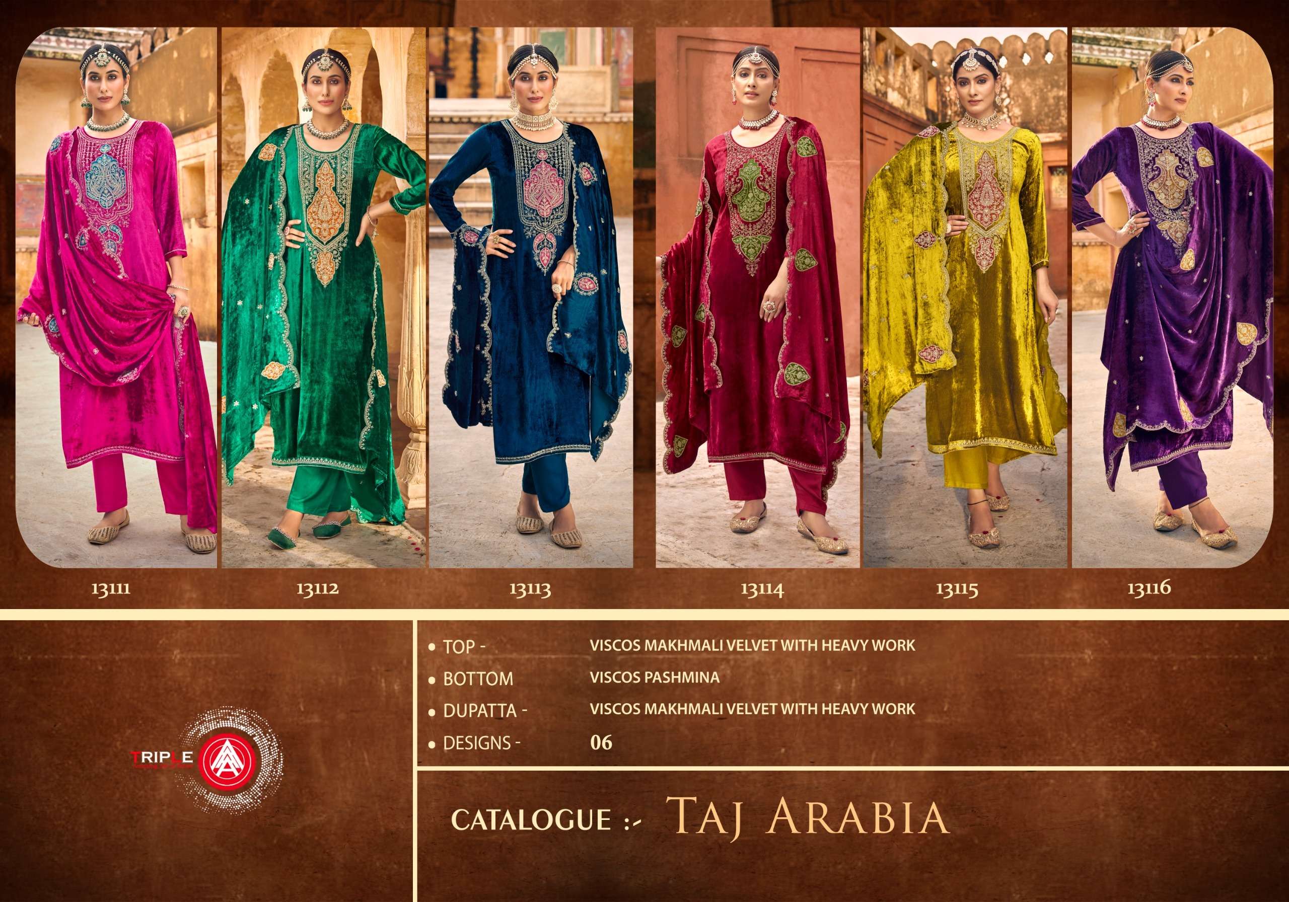 triple aaa taj arabia velvet pure viscose exclusive look salwar suit catalog