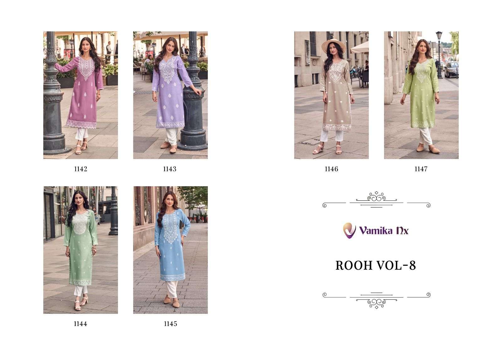 vamika tm rooh vol 8 d no 1142 to 1147 rayon viscose exclusive look top bottom with dupatta catalog