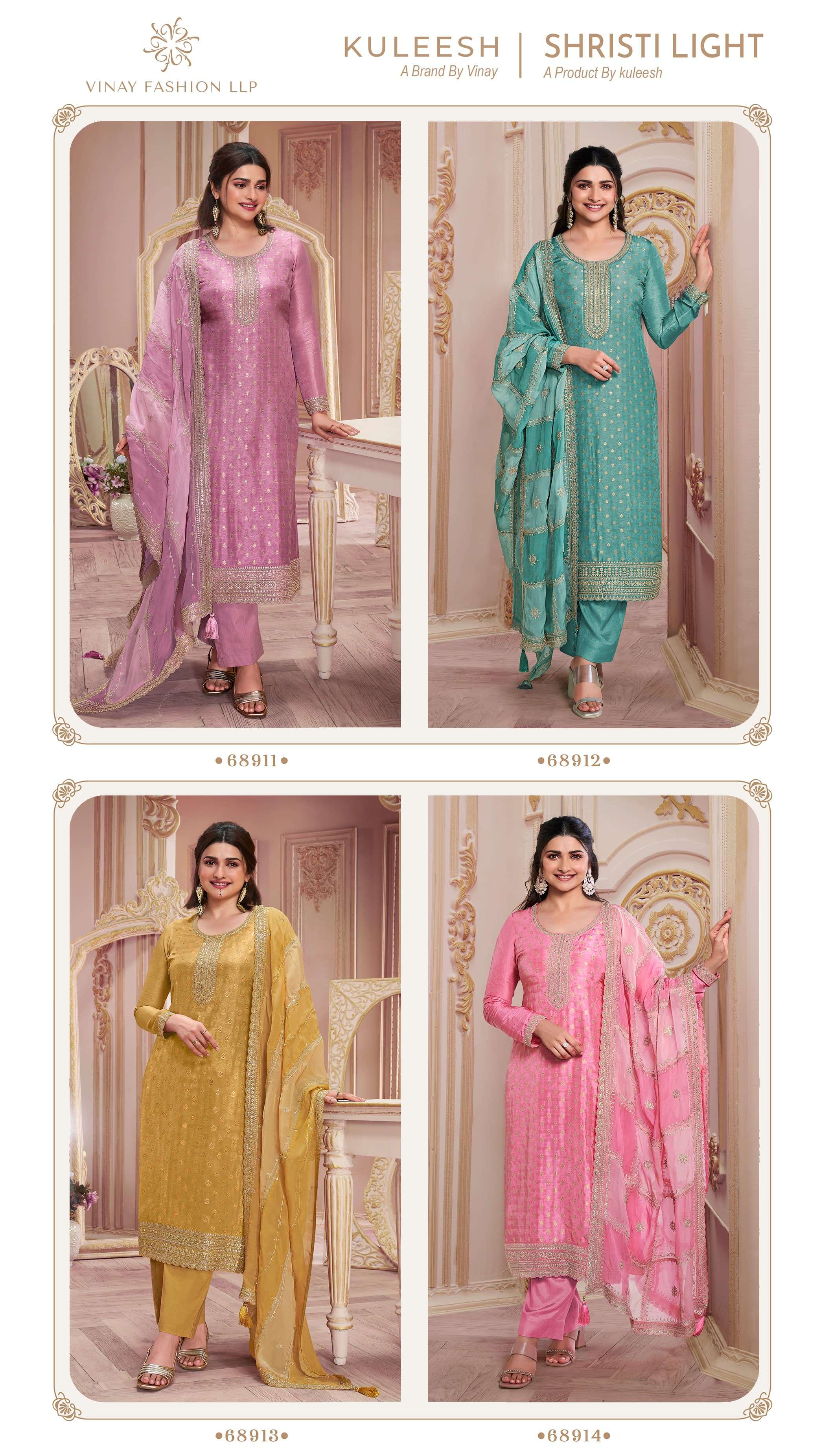 vinay fashion kuleesh shristi light embroiderd dola jeqard attrective look salwar suit catalog