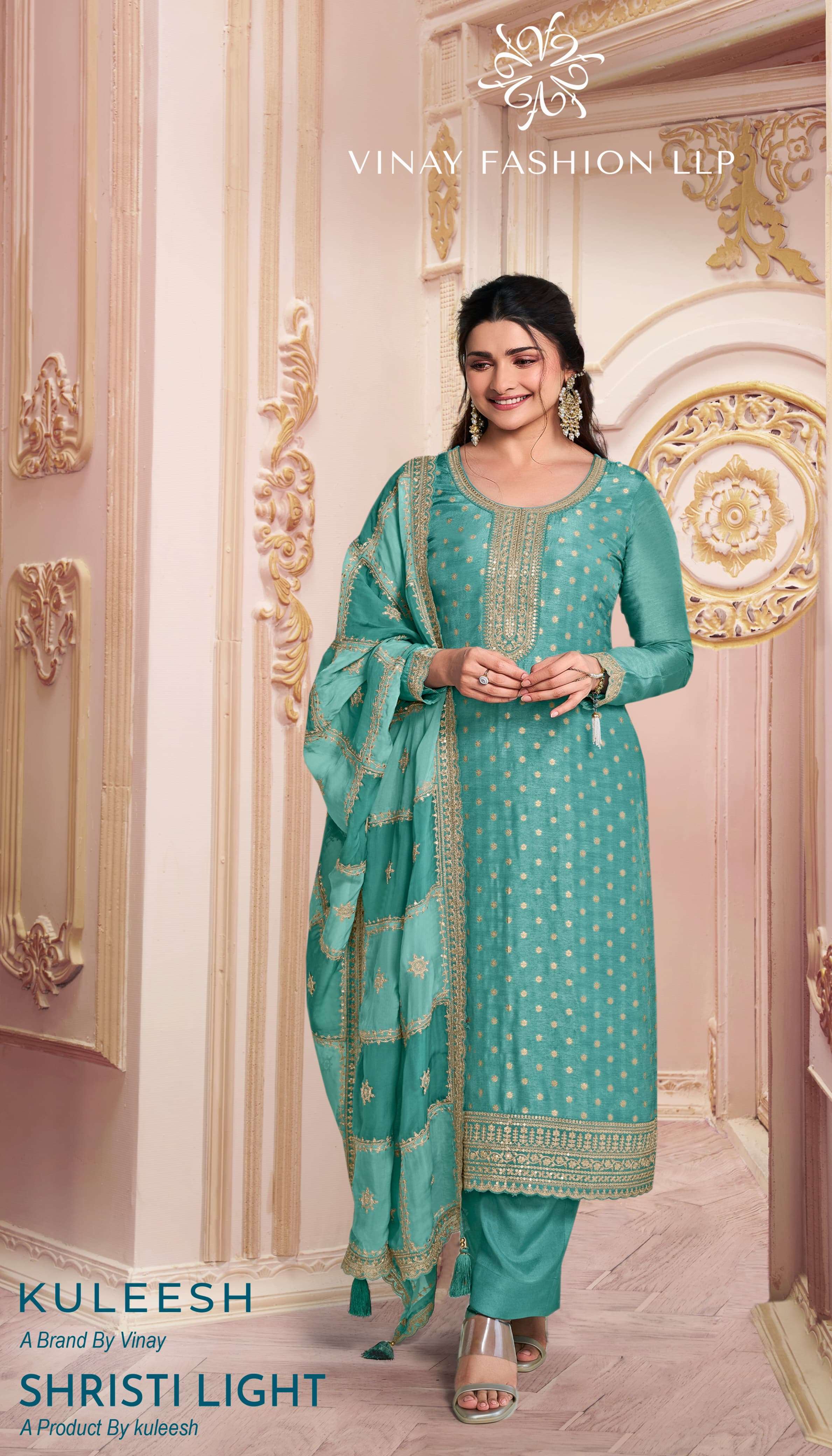 vinay fashion kuleesh shristi light embroiderd dola jeqard attrective look salwar suit catalog