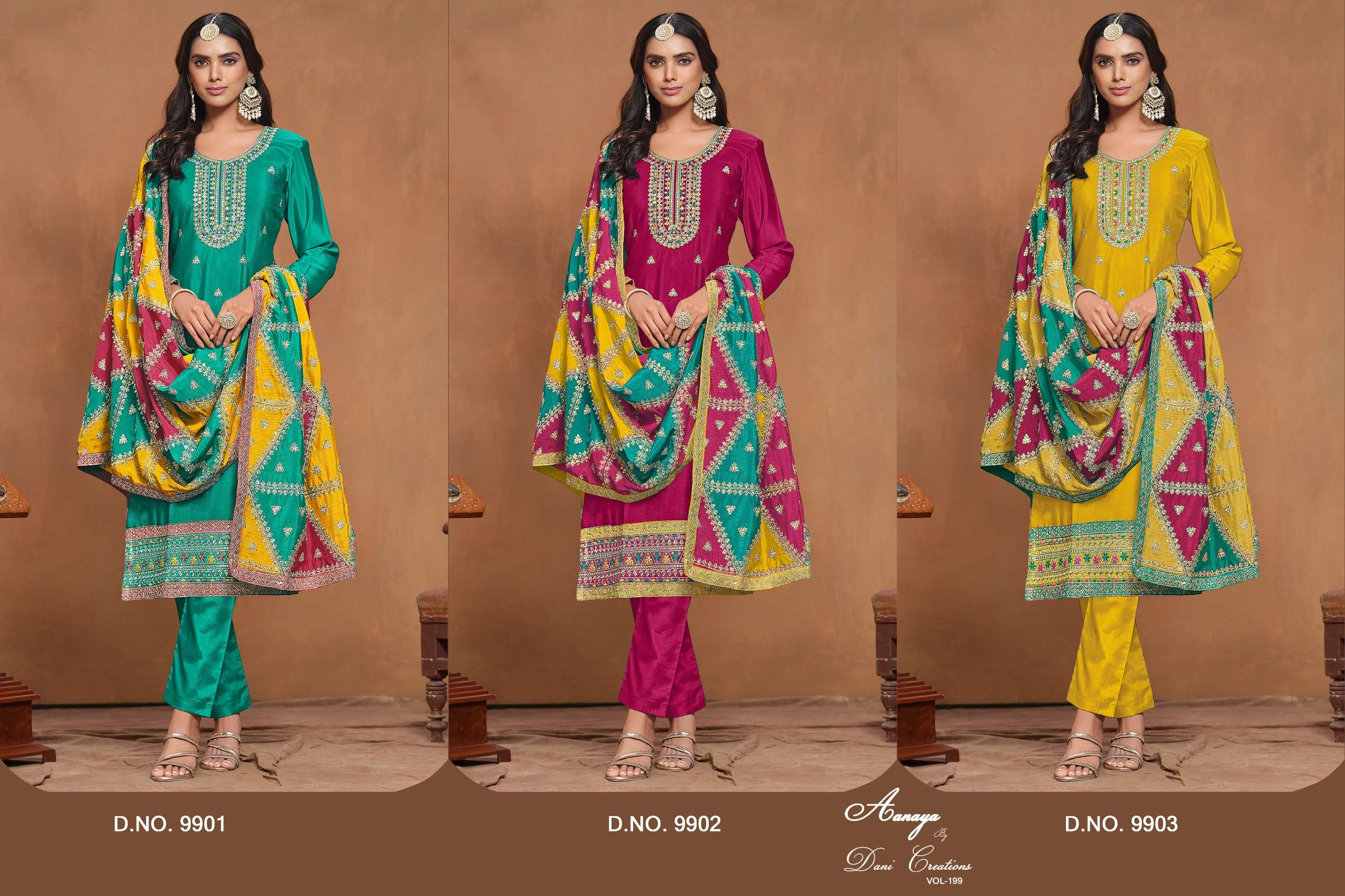 dani aanaya vol 199 chinon silk innovative look salwar suit catalog