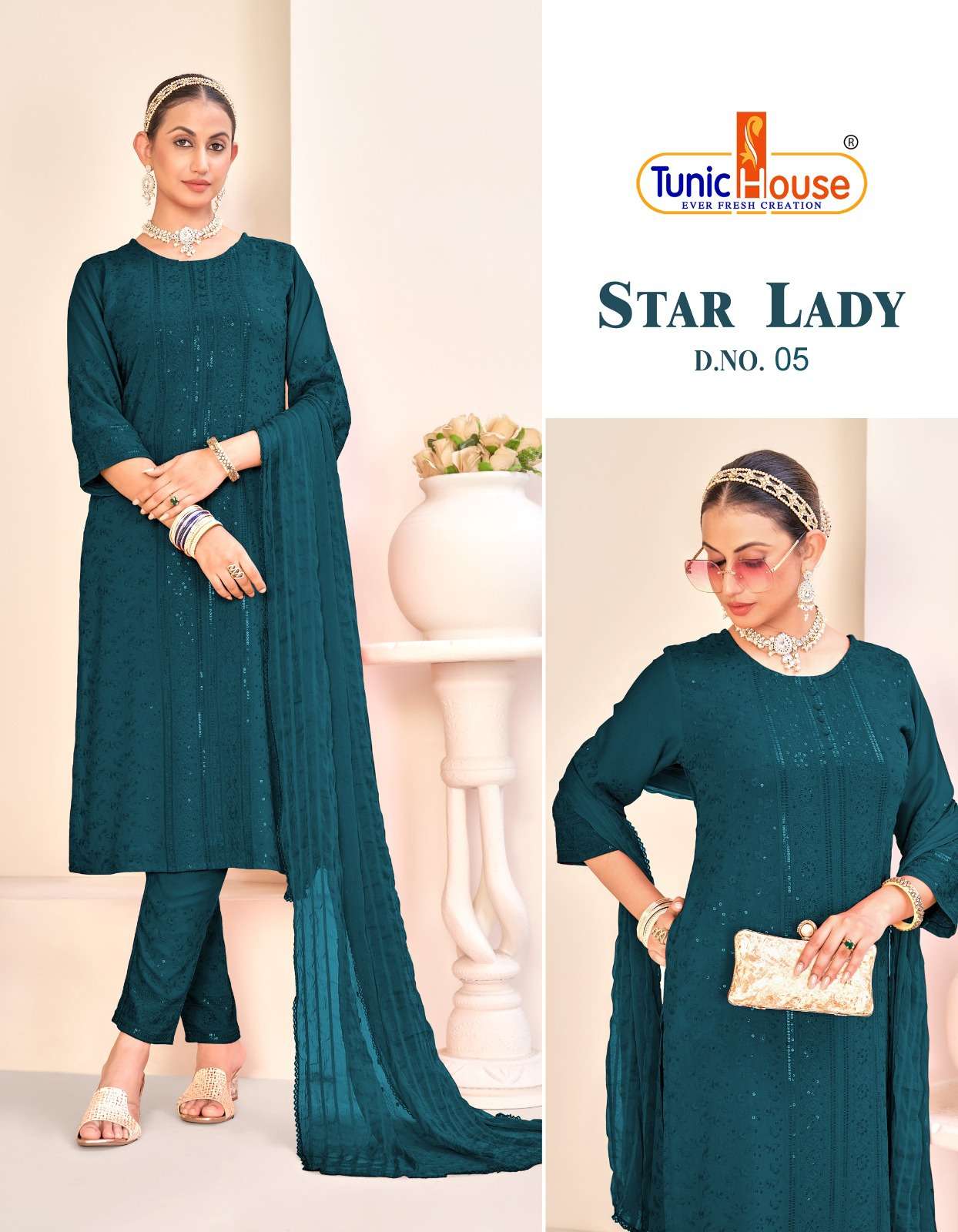 tunic house star lady viscose rayon  elegant kurti bottom dupatta size set